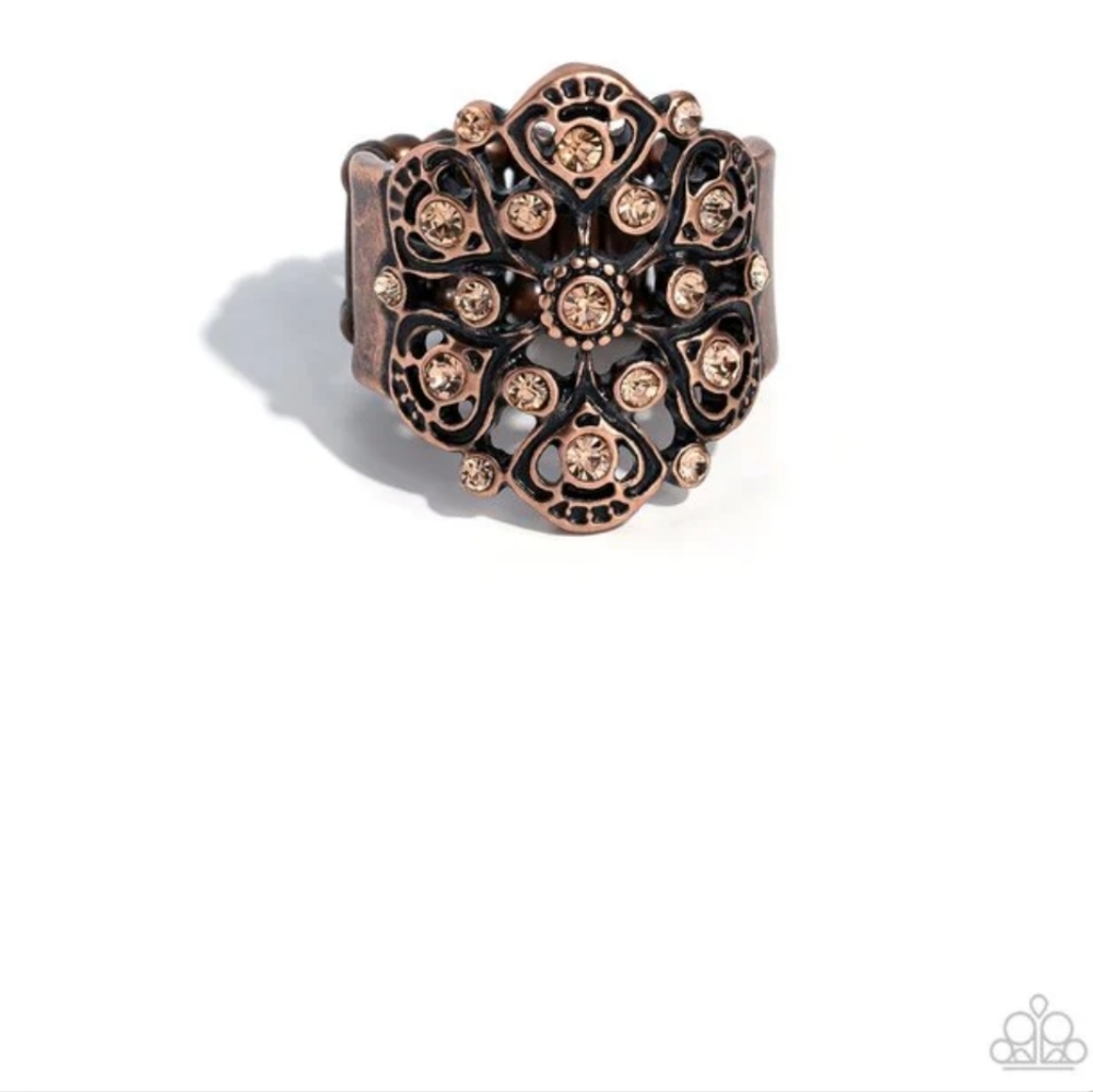 Intricate Influence Copper Ring Topaz Rhinestones Fashion Jewelry Paparazzi